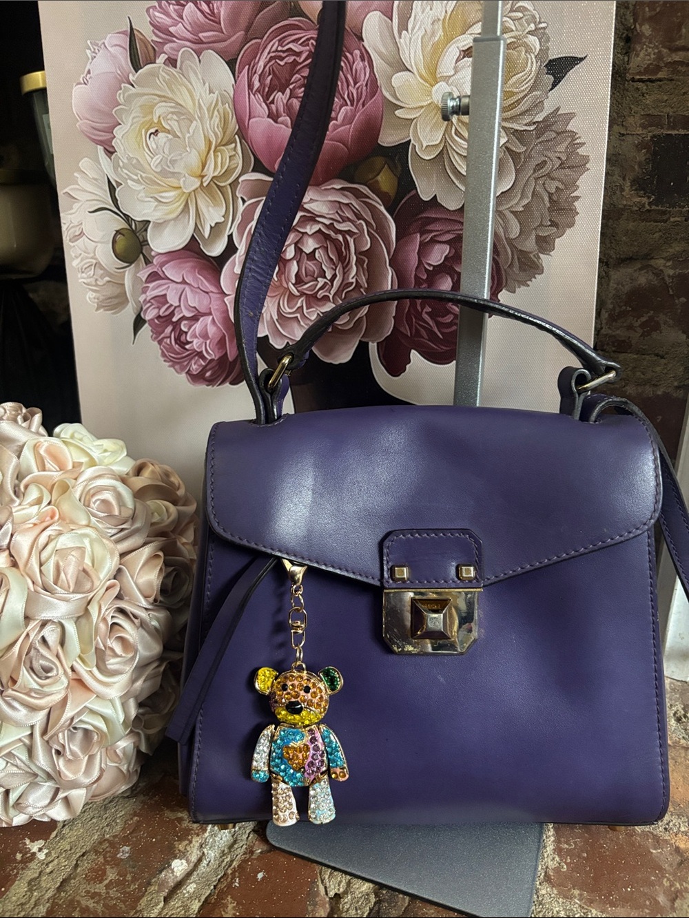 MCM Purple Leather Top Handle Shoulder Bag with Teddy Charm